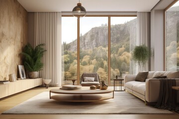 Modern living room, beige tones, architecture concept, forest and canyons in the background. Generative AI