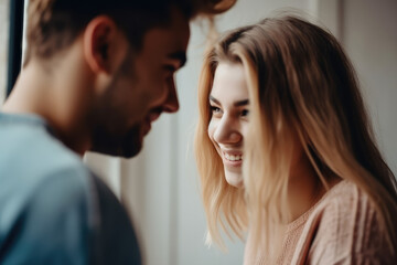 Naklejka premium The Language of Love. Smiling Man Captivated by Pretty Woman, Embarking on a Journey of Romance, Passion and Sedution. AI Generative