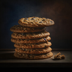 Oatmeal cookies pile cereal on dark background, Generative AI