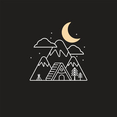 white line drawing of a mountain view and a cabin at night on a black background