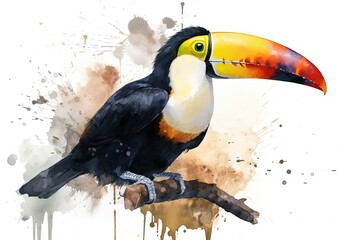 Naklejka premium Beautiful toucan illustration, animal life concept, white background, painting style. Generative AI