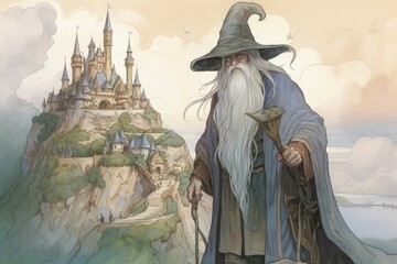 Illustration of wizard with white hair and pointed hat, castle in the background, fantasy concept. Generative AI