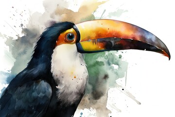 Obraz premium Beautiful toucan illustration, animal life concept, white background, painting style. Generative AI