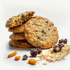 Oatmeal cookies pile cereal on white background, Generative AI