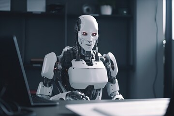 Robot sitting in front of the laptop in a room, artificial intelligence concept. Generative AI
