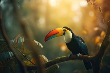 Obraz premium Beautiful toucan illustration, animal life concept, forest in background, bokeh background. Generative AI