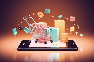 Shopping cart illustration, ecommerce and business concept, background. Generative AI