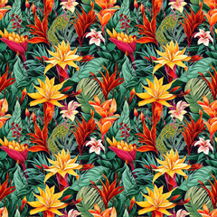 Seamless background of exotic fantastic flowers. AI generated