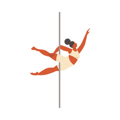 Happy woman performing pole dance on vertical pylone, flat vector illustration isolated on white background.