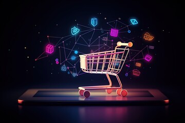 Shopping cart illustration, ecommerce and business concept, background. Generative AI