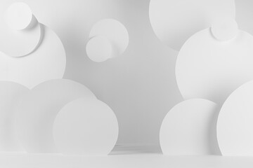 White soft light abstract stage mockup in with soar circles  as decoration in futuristic simple style, scene template for presentation, showing of cosmetic products, goods, design, sale, card.