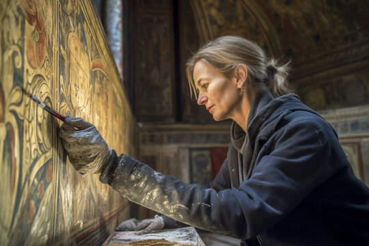A woman art restorer woman delicately cleaning and repairing an ancient mural inside a medieval cathedral - ai generative
