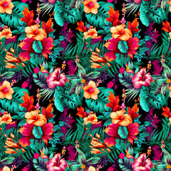 Tropical seamless floral pattern with bold vibrant colors. AI generated