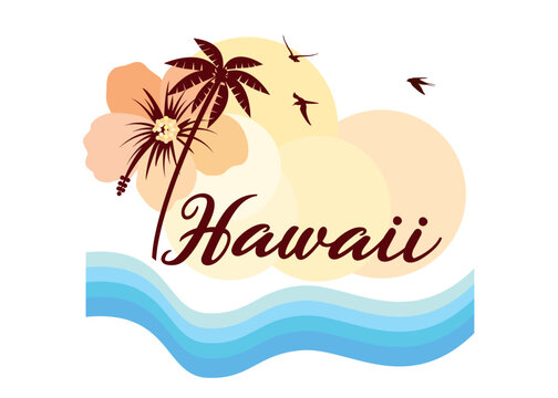 A scenic Hawaiian illustration with palm tree and birds