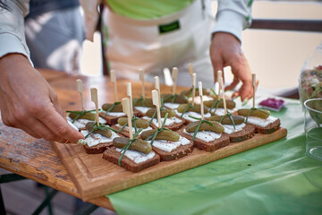 Serving of traditional Ukrainian sandwiches with pork lard and pickles. Catering, banquet outdoor....