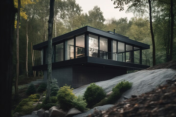 Modern country house in the forest. Generative AI