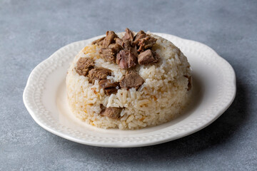 Traditional Turkish cuisine; Meat rice pilaf. Turkish name; etli pirinc pilavi