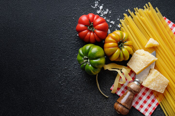 Italian food background with tomatoes and pasta
