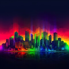 A colorful cityscape with a rainbow colored cityscape in the background., generative AI	
