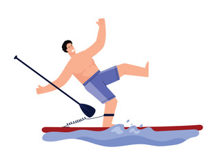 Fototapeta na wymiar Scared man falls off paddle board, flat vector illustration isolated on white background.