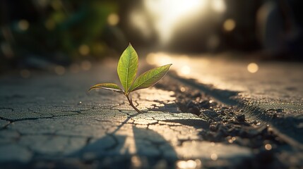 A Small Sapling Emerges Through Asphalt. Generative AI