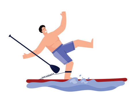 Scared Man Falls Off Paddle Board, Flat Vector Illustration Isolated On White Background.