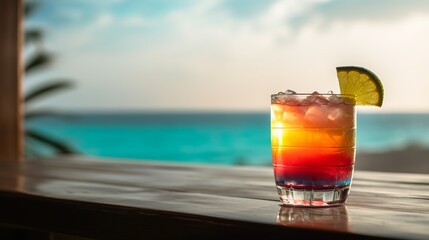 Glass of  colorful, tasty cocktail on tropical beach, Generative AI