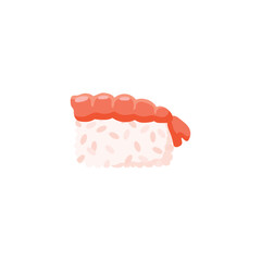 Delicious sashimi with rice and shrimp, flat vector illustration isolated on white background.