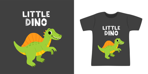 Hand drawn cartoon spinosaurus. Cute dino with the phrase Little dino. Print for a t shirt with mock up.