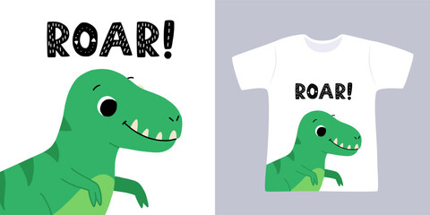 Hand drawn cartoon t rex. Cute dino with the phrase roar. Print for a t shirt with mock up.