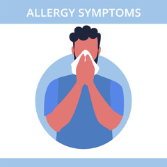 Seasonal allergy. Man sneezing from pollen and flowers allergy