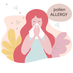 Seasonal allergy. Woman sneezing from pollen and flowers allergy