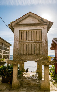 Combarro, Galicia, Spain - April 7, 2023: Traditional "horreo" (barn)
