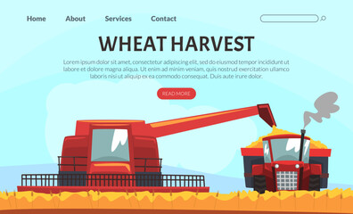 Wheat and Grain Harvest Landing Page with Combine Working on Field Vector Template