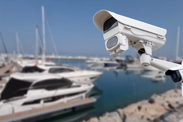 Pair of outdoor security cameras in yachting harbor.
