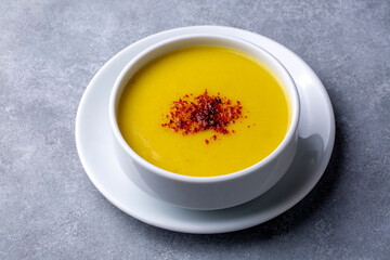 Traditional delicious Turkish foods; Red lentil soup (Turkish name; Mercimek corbasi)