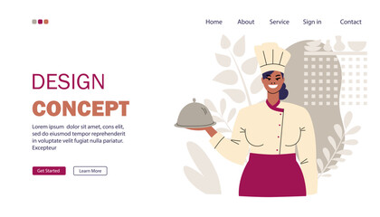 Landing page concept with chef. A black female cook holds a cloche dish in her hand. Cooking. The chief cook in a toque and uniform is smiling. Flat style. Vector illustration.