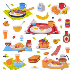 Tasty Breakfast or Brunch with Typical Food Served on Plate Vector Set