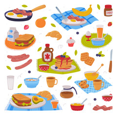 Tasty Breakfast or Brunch with Typical Food Served on Plate Vector Set