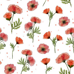 Watercolor seamless pattern with Red Poppy flowers. Hand drawn summer illustration. Design for dresses, textiles, gift wrapping and wallpaper.