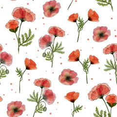 Fototapeta premium Watercolor seamless pattern with Red Poppy flowers. Hand drawn summer illustration. Design for dresses, textiles, gift wrapping and wallpaper.