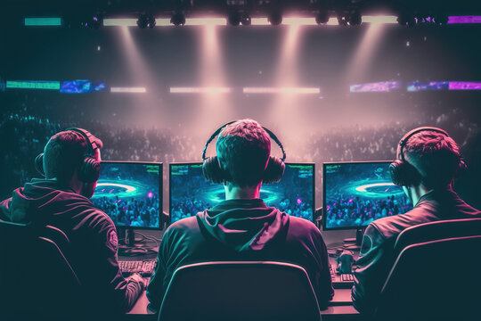 Team of professional gamers competes at major cybersports championship in a stadium with a lot of fans. E-sports tournament event. Generative AI