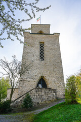 Exterior shot of the memorial in Langscheid. View of the tower. Memorial from the First World War.
