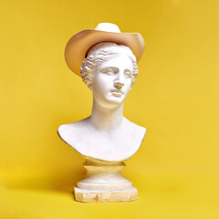 Antique statue bust wearing hat against yellow background. Travelling, fashion, retro classic...