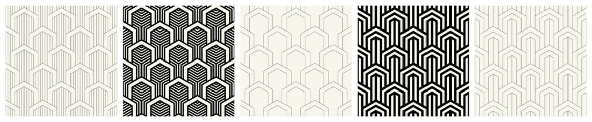 Vector seamless patterns set. Stylish linear ornaments. Geometric striped backgrounds with arches. Art deco monochrome swatches. Tileable prints with linear thin and bold arches. Generative AI