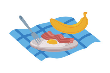 Scrambled Eggs with Bacon on Plate and Banana as Tasty Breakfast or Brunch with Typical Food on Tablecloth Vector Illustration