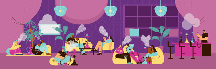 People relaxing and smoking hookah in club or bar, flat vector illustration.