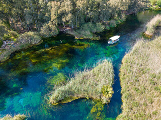 Turkey Akyaka Azmak River, Travel concept photo, landscape view from above with drone. Akyaka Kadin Azmagi. Akyaka is a seaside town in Mugla, Turkey.