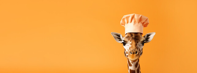 Giraffe in a chef's hat on an orange background. Banner, place for text. AI generation