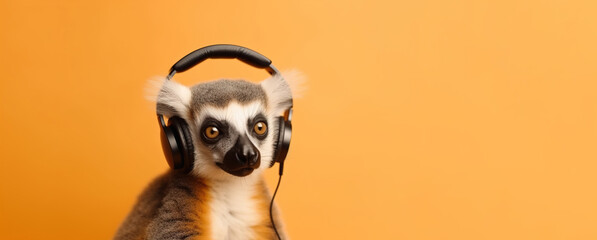 Lemur in headphones on an orange background. Banner, empty space for text. AI generation